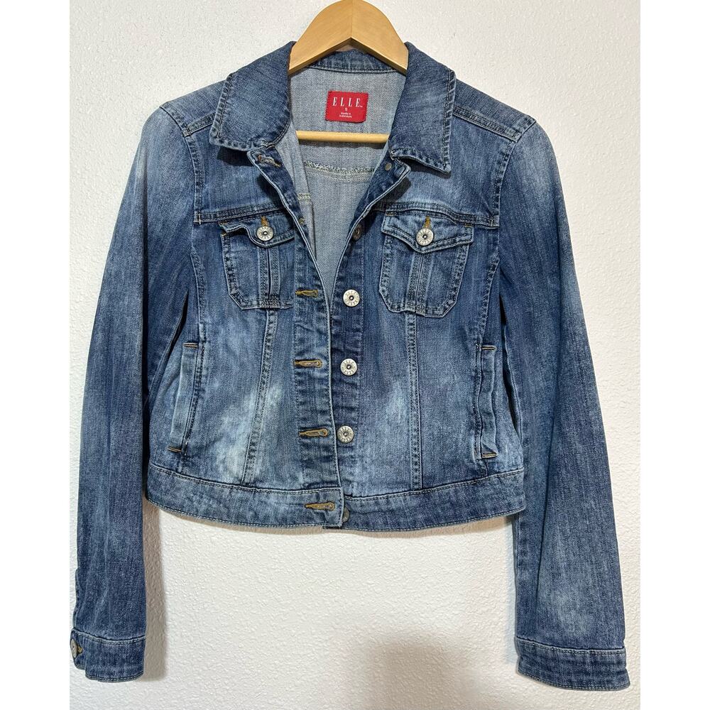 Elle Women Dark Blue Wash Bleach Dyed Button Front Crop Denim Jean Jacket Size S
